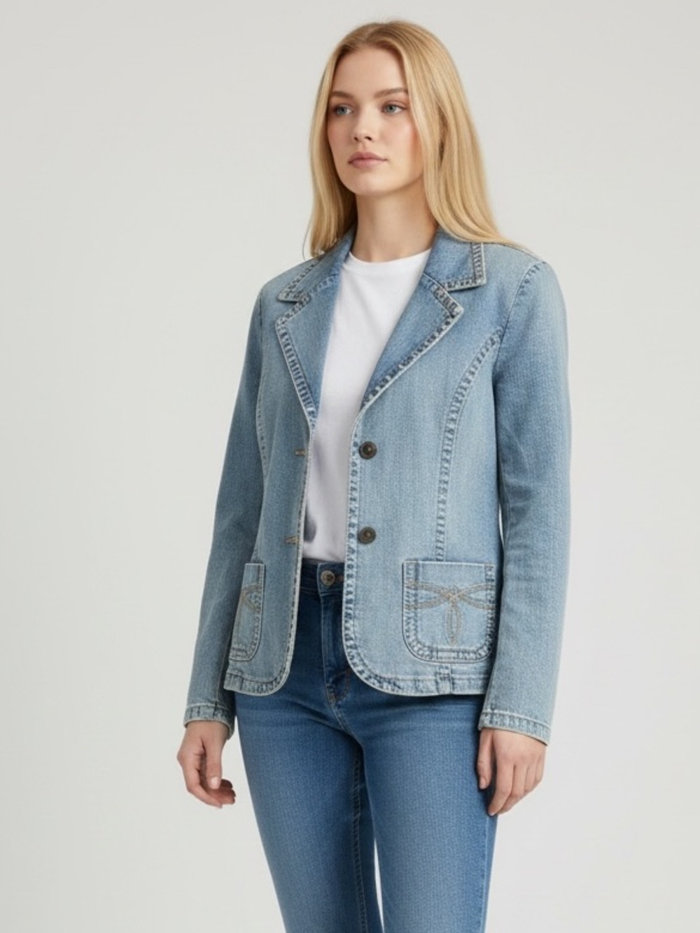 2000’s Paris Blues Light Wash Denim Blazer Jacket - Blue